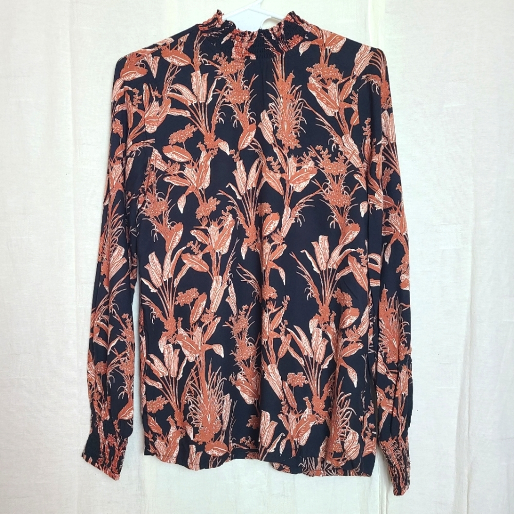 Kaffe Stella Smocked High Neck Blouse Black Brown Baroque Ruffle Long Sleeves
